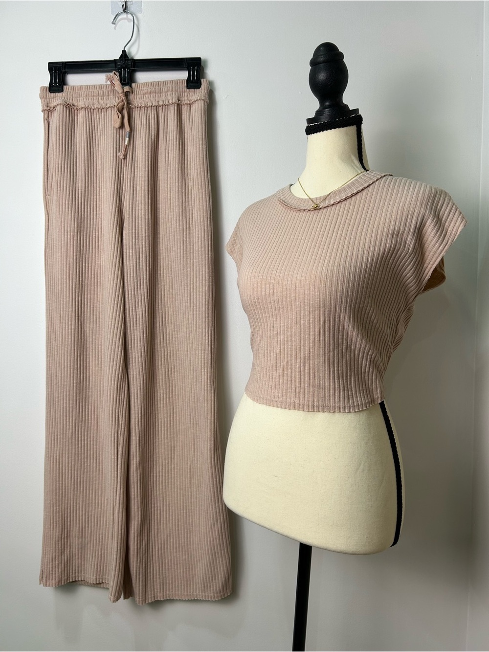 Paper Crane 2 Piece Blush Ribbed Wide-Leg Pants